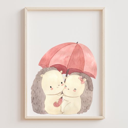 Cute Watercolor Hedgehogs Pink Umbrella Nursery Poster