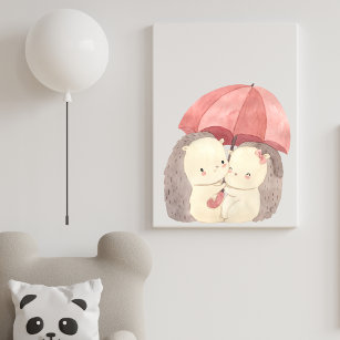 Cute Watercolor Hedgehogs with Pink Umbrella Canvas Print