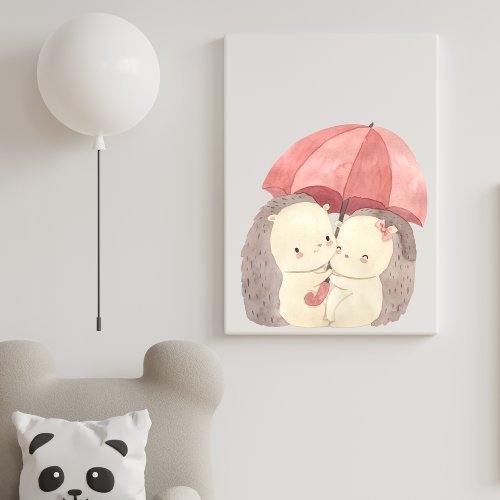 Cute Watercolor Hedgehogs with Pink Umbrella Canvas Print