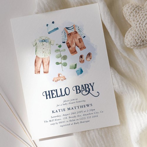 Cute Watercolor Hello Baby Boy Baby Shower Invitation