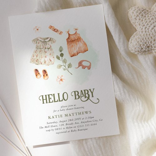 Cute Watercolor Hello Baby Girl Baby Shower Invitation