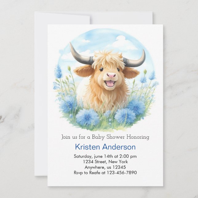 Cute Watercolor Highland Cow Bliss Boy Baby Shower Invitation (Front)
