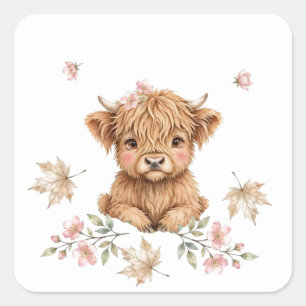 Cute Watercolor Highland Cow Fall Maple Square Sticker