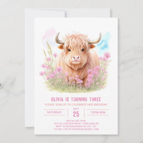 Cute Watercolor Highland Cow Girl Birthday Invitation