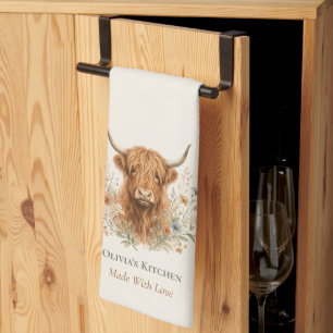 Cute Watercolor Highland Cow Monogrammed Name Kitchen Towel