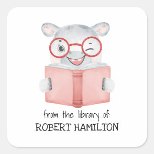CUTE WATERCOLOR HIPPO READING BOOK BOOKPLATE
