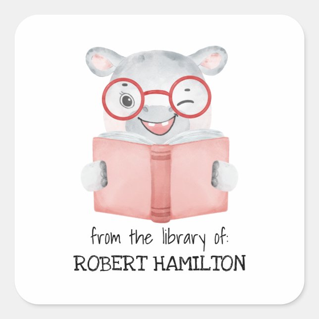 CUTE WATERCOLOR HIPPO READING BOOK BOOKPLATE (Front)