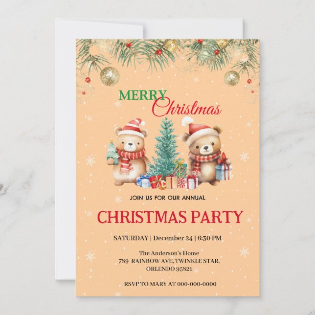 Cute Watercolor Holiday Bear Santa Xmas Party Invitation (Front)