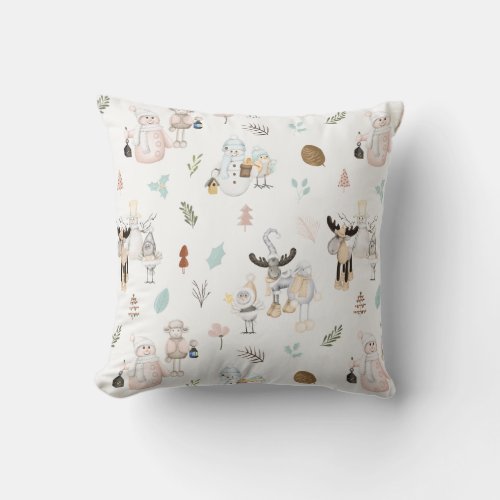 Cute Watercolor Holiday Snowman Christmas Pattern Throw Pillow