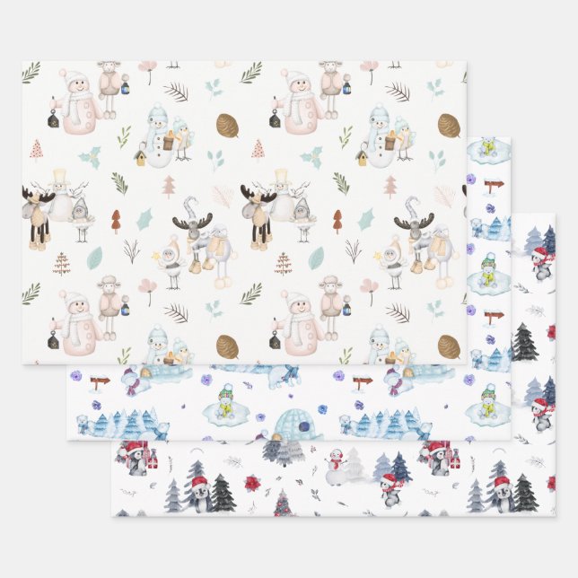 Cute Watercolor Holiday Snowman Christmas Pattern Wrapping Paper Sheets (Set)