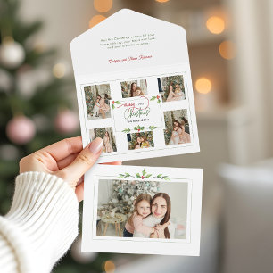 Cute Watercolor Holly Merry Christmas Multi Photo All In One Invitation
