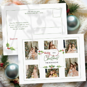 Cute Watercolor Holly Merry Christmas Multi Photo Holiday Postcard