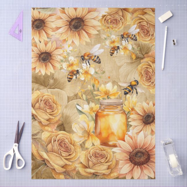 Cute Watercolor Honey Bees & Sunflowers Parchment  Tissue Paper (Craft)