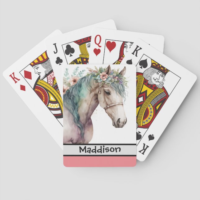 Cute Watercolor Horse Customizable Name  Poker Cards (Back)