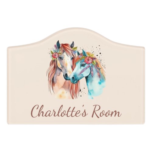 Cute Watercolor Horse Pink Custom Name Kid Door Sign