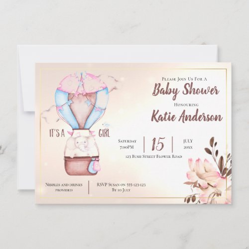 Cute Watercolor Hot Air Balloon Pink Baby Shower Invitation