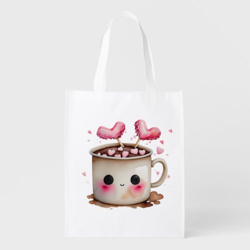 Cute Watercolor Hot Chocolate Mug Grocery Bag