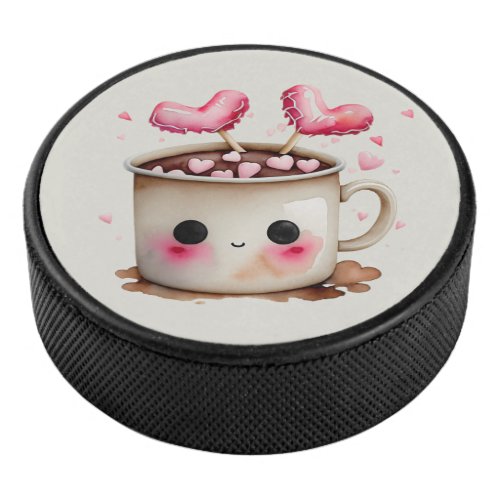 Cute Watercolor Hot Chocolate Mug Hockey Puck