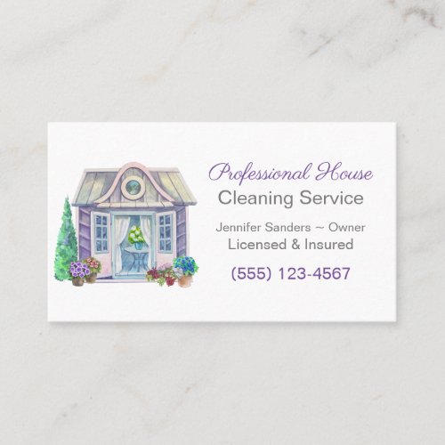 Cute Watercolor House Cleaning Service Business Card