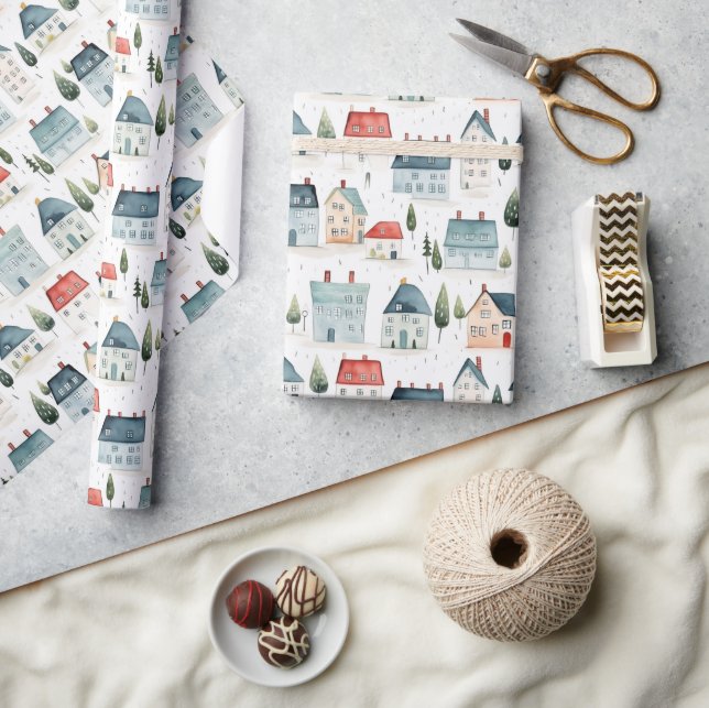 Cute Watercolor Houses Pattern Wrapping Paper (Crafts)
