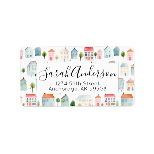 Cute Watercolor Houses Real Estate Label (Front)