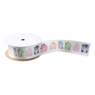 Cute Watercolor Houses Satin Ribbon