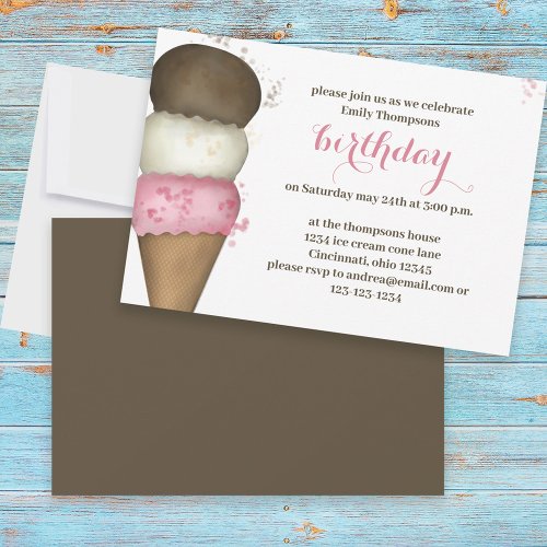 Cute Watercolor Ice Cream Cone Birthday Party Invitation