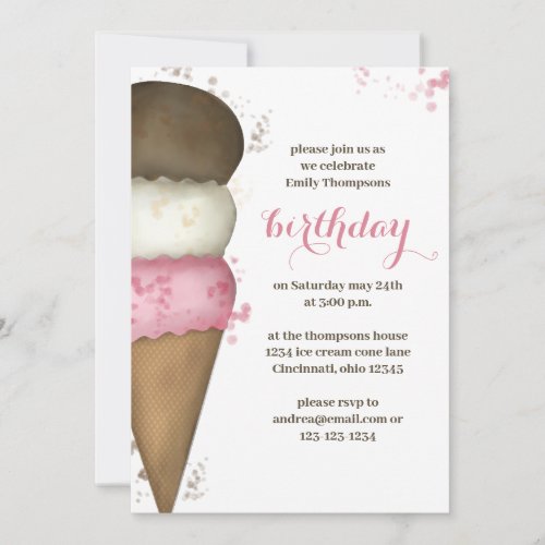 Cute Watercolor Ice Cream Cone Birthday Party Invitation