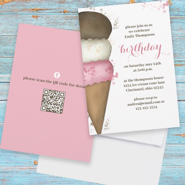 Cute Watercolor Ice Cream Cone Birthday QR Code Invitation (Creator Uploaded)