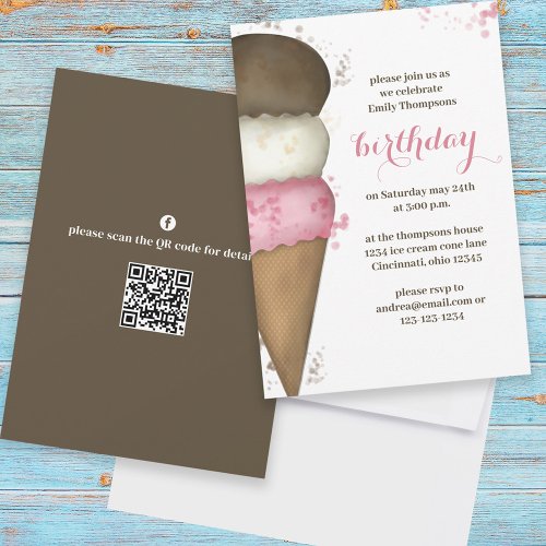 Cute Watercolor Ice Cream Cone Birthday QR Code Invitation
