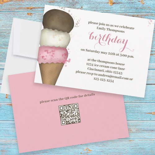 Cute Watercolor Ice Cream Cone Birthday QR Code Invitation