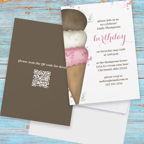 Cute Watercolor Ice Cream Cone Birthday QR Code Invitation