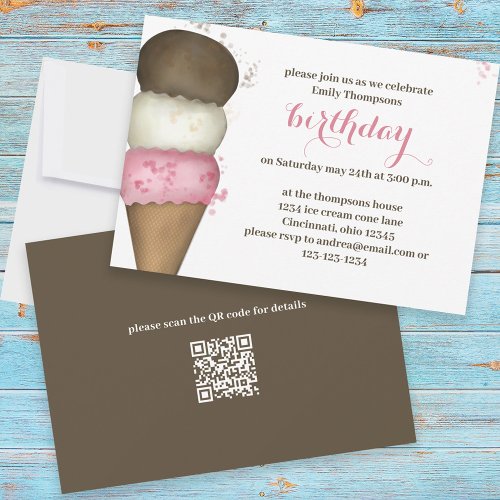 Cute Watercolor Ice Cream Cone Birthday QR Code Invitation