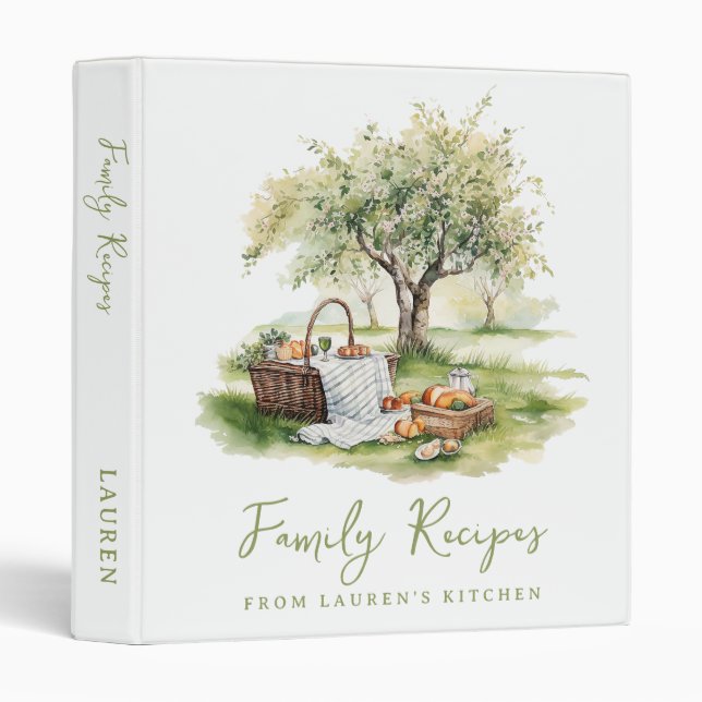 Cute Watercolor Illustrated Family Recipes 3 Ring Binder (Front/Spine)