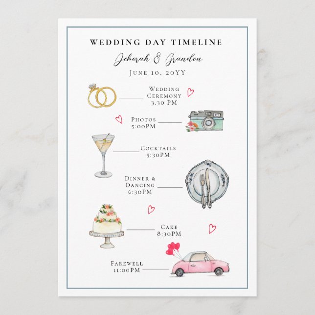 Cute Watercolor Illustrated wedding day Program (Front)