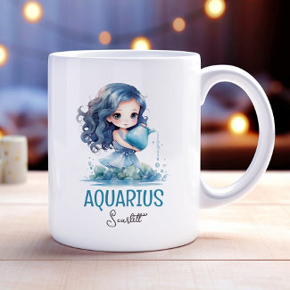 Cute Watercolor Illustration Aquarius Zodiac Name