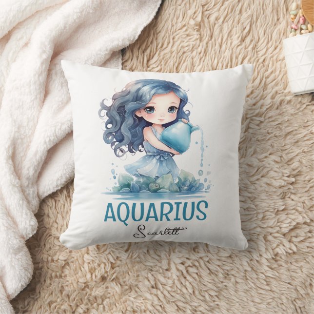 Cute Watercolor Illustration Aquarius Zodiac Name Throw Pillow (Blanket)