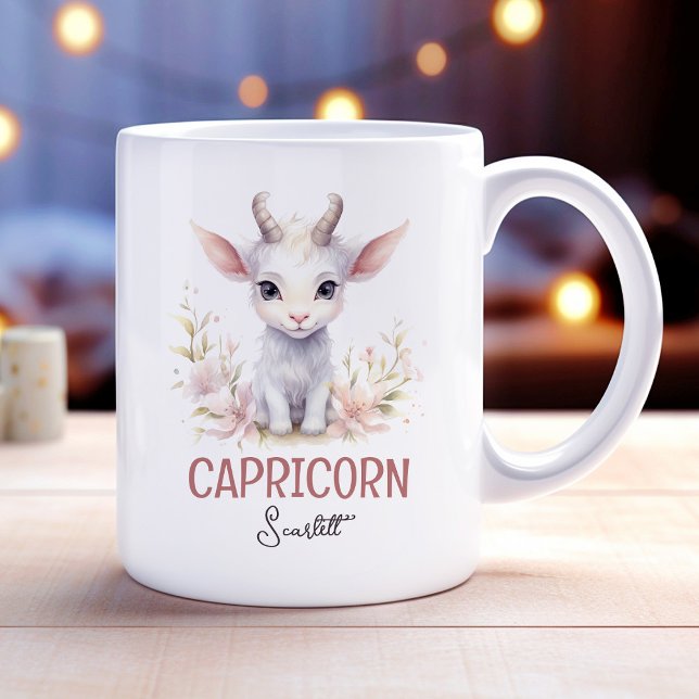 Cute Watercolor Illustration Capricorn Zodiac Name Coffee Mug (Cute Watercolor Illustration Capricorn Zodiac Name Coffee Mug)