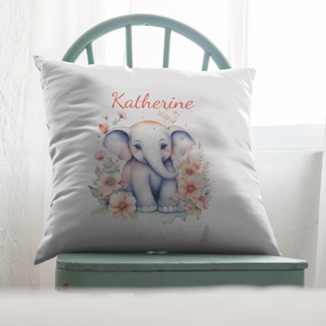 Cute Watercolor Illustration of a Baby Elephant Throw Pillow (Creator Uploaded)