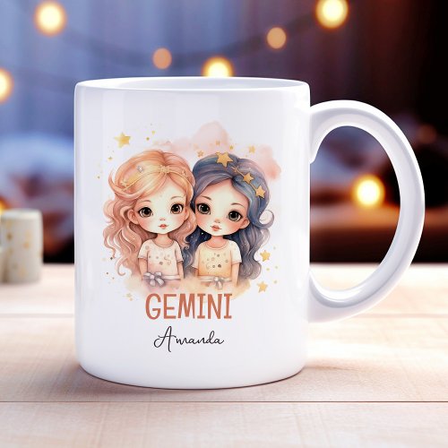 Cute Watercolor Illustration of Gemini Zodiac Name Coffee Mug