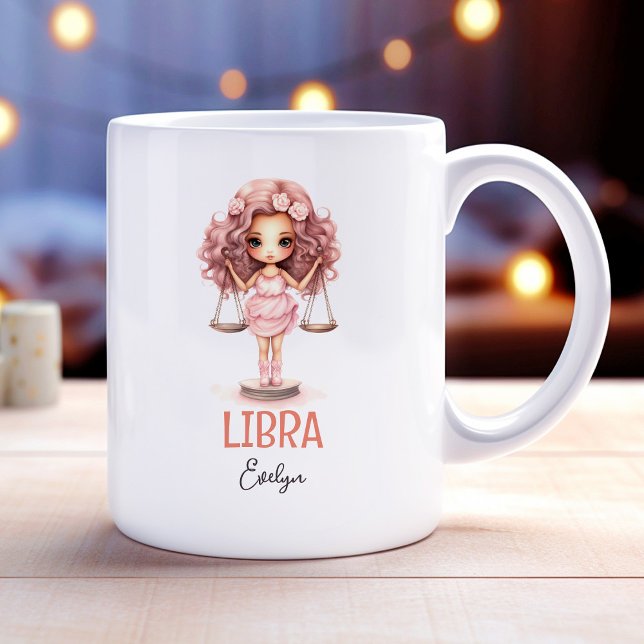 Cute Watercolor Illustration of Libra Zodiac Name Coffee Mug (Cute Watercolor Illustration of Libra Zodiac Name Coffee Mug)