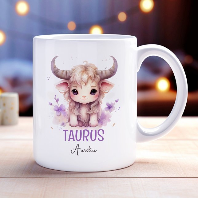 Cute Watercolor Illustration of Taurus Zodiac Name Coffee Mug (Cute Watercolor Illustration of Taurus Zodiac Name Coffee Mug)