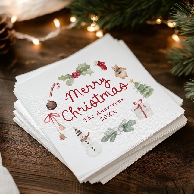 Cute Watercolor Illustrations Merry Christmas Napkins (Creator Uploaded)
