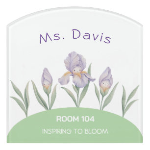 Cute Watercolor Iris Floral Custom Teacher Name Door Sign