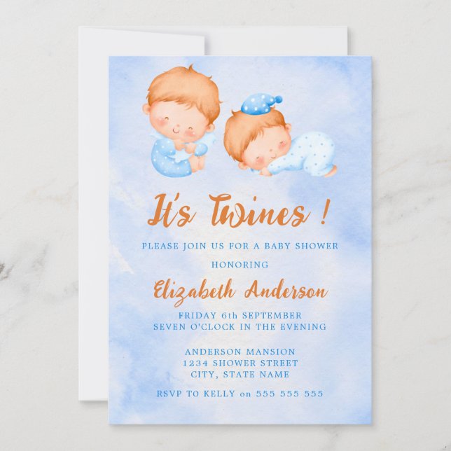 Cute Watercolor It's Twins Blue Baby Shower Invitation (Front)