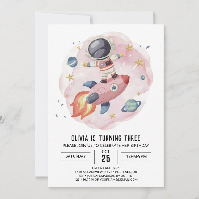 Cute Watercolor Journey Astronaut Birthday Invitation (Front)