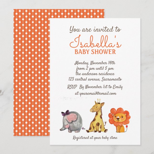 Cute Watercolor Jungle Animals Neutral Baby Shower Invitation (Front/Back)