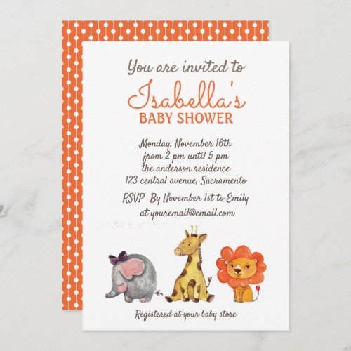 Cute Watercolor Jungle Animals Neutral Baby Shower Invitation