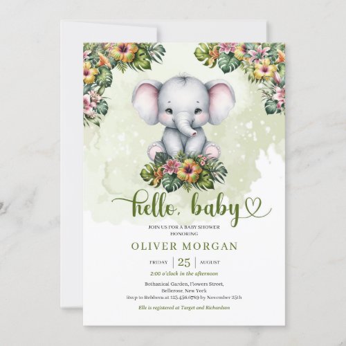 Cute watercolor jungle baby elephant tropical invitation