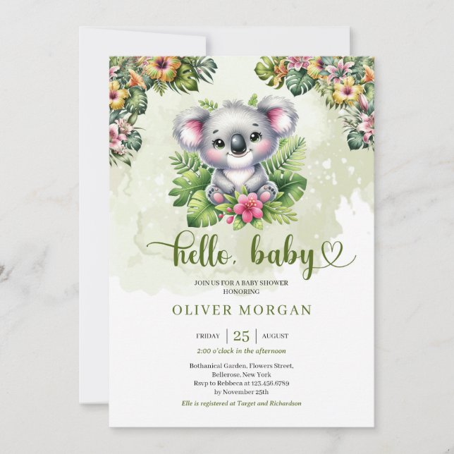 Cute watercolor jungle baby koala tropical flowers invitation (Front)
